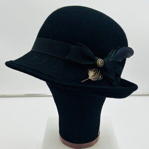 NWOT GOORIN BROS Black 100% Wool Fedora Derby Hat Size Small Ribbon Feather Band